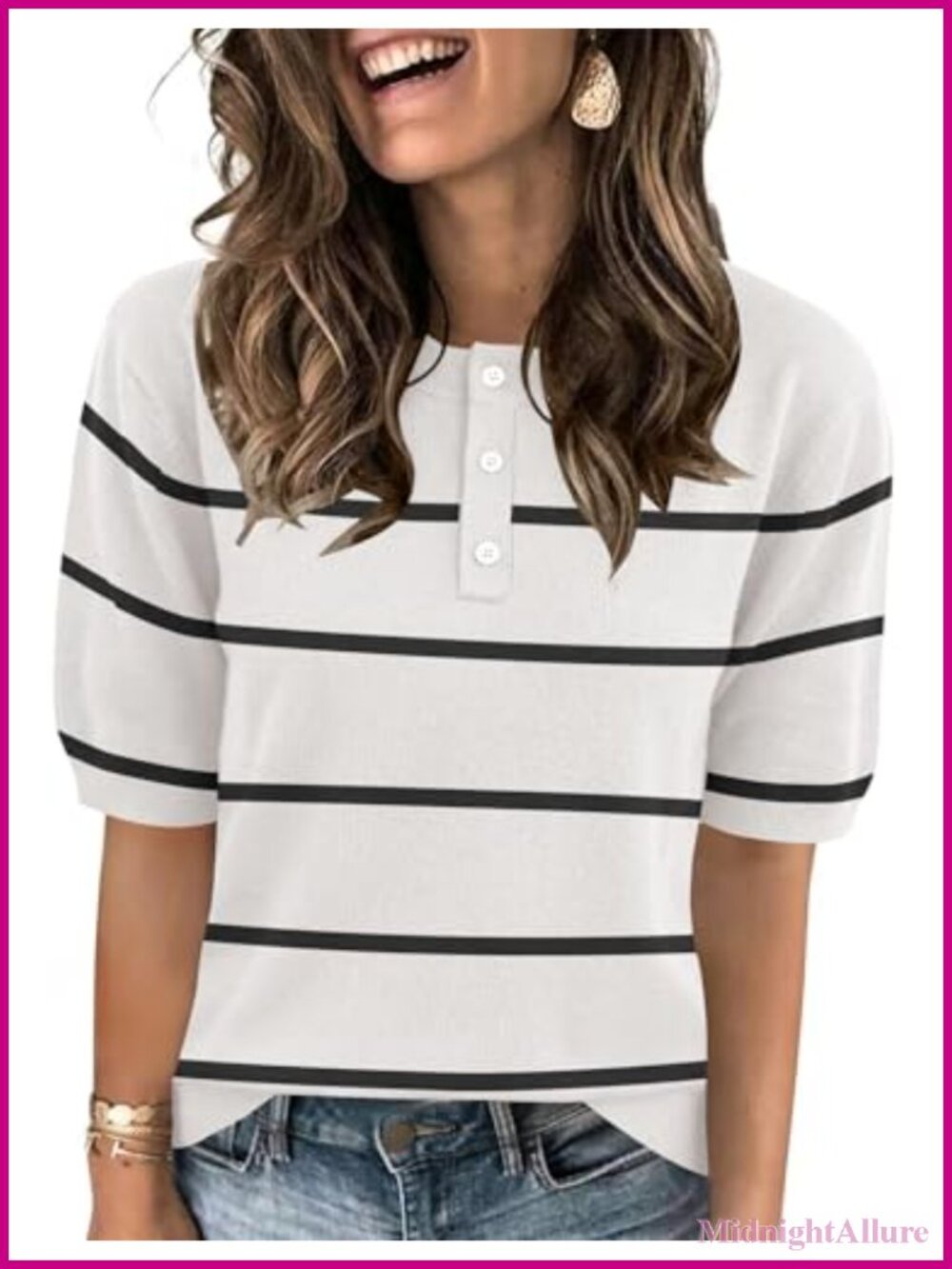 Women's Knit Pullover Sweater, Button Down Henley, Short Sleeve